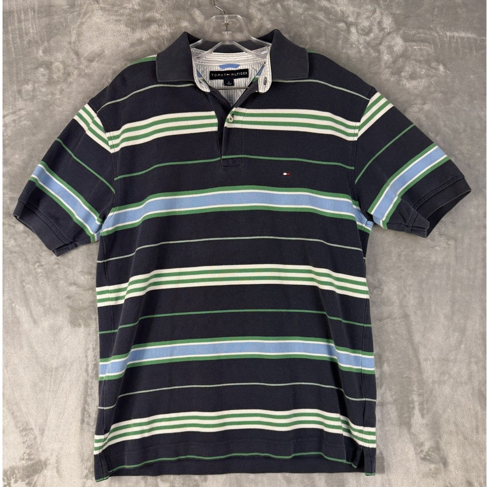 Tommy Hilfiger Mens Polo Shirt Navy Blue Green White Blue Stripe Size M